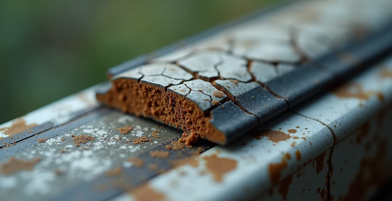 Vue macro d'un joint de fenêtre dégradé montrant les signes d'usure
