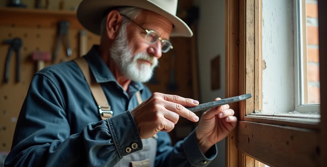 Expert testant la solidité d'un cadre de fenêtre en bois avec un tournevis