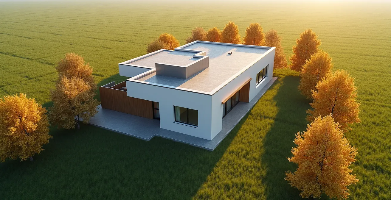 Vue aérienne minimaliste d'une maison montrant l'évolution saisonnière des menuiseries