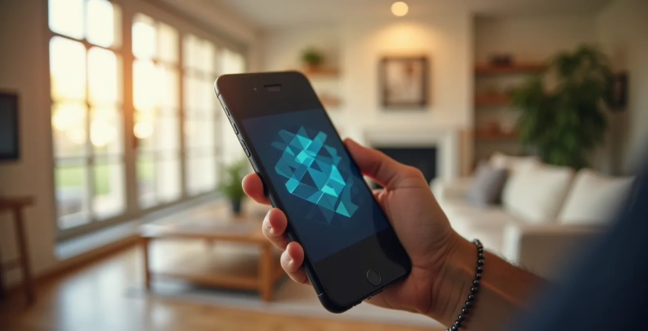 Main tenant un smartphone avec application de contrôle des volets en arrière-plan flou