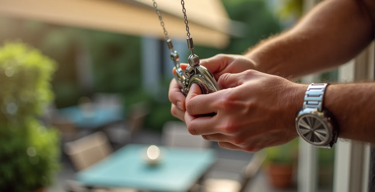 Gros plan sur des mains manipulant la manivelle d'un store manuel