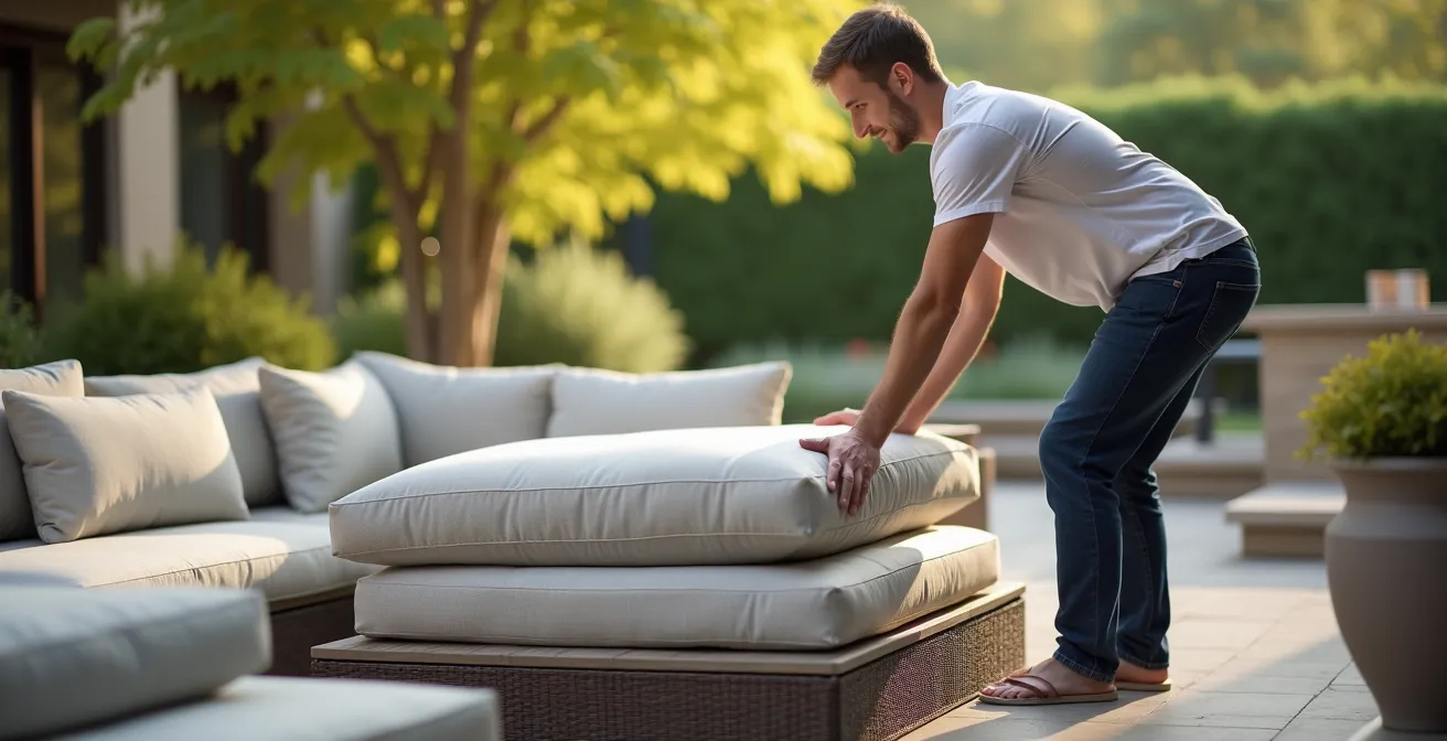 Salon de jardin modulable avec éléments séparables montrant différentes configurations possibles