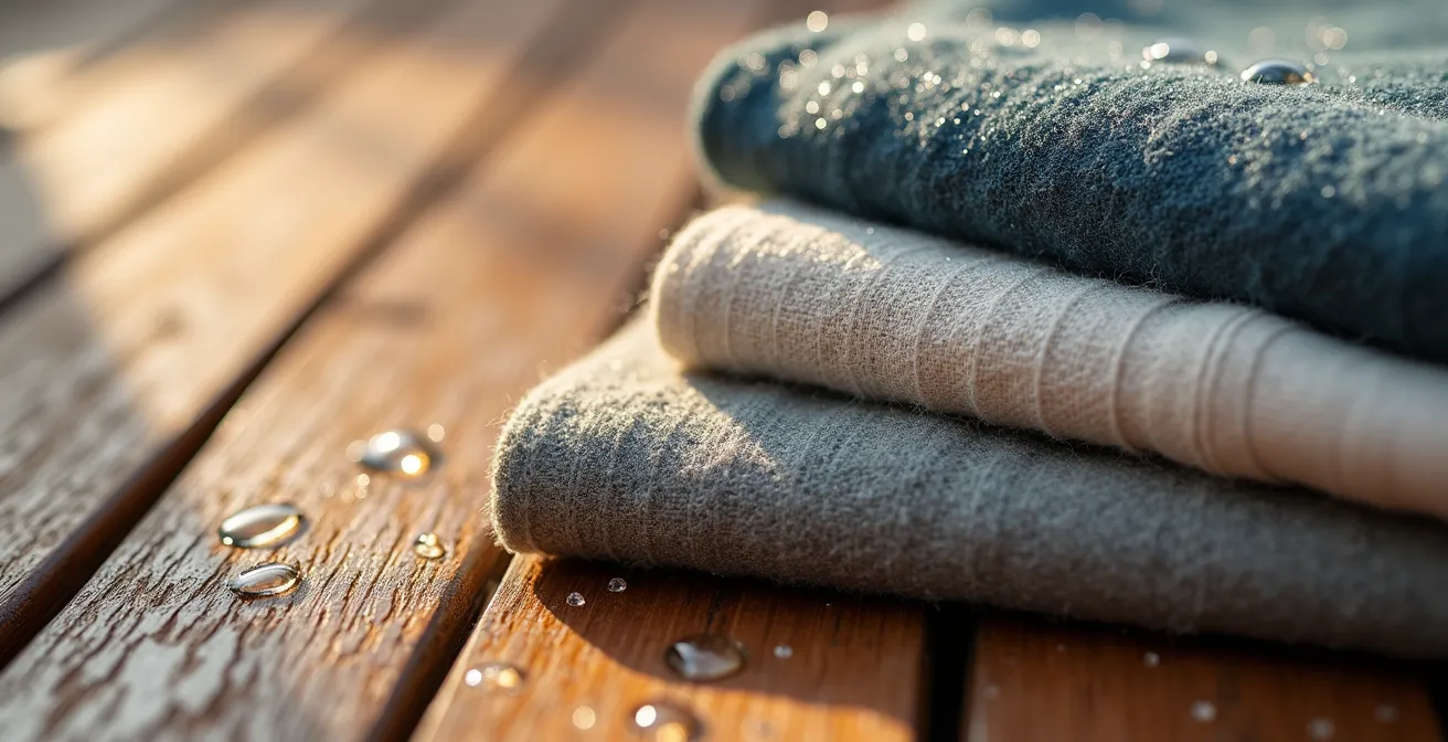 Détail macro de textiles d'extérieur avec textures contrastées pour différentes saisons