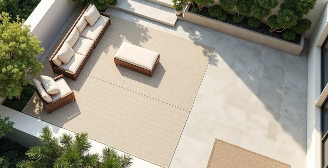 Vue aérienne d'une terrasse divisée en zones distinctes avec tapis d'extérieur et jardinières délimitant les espaces