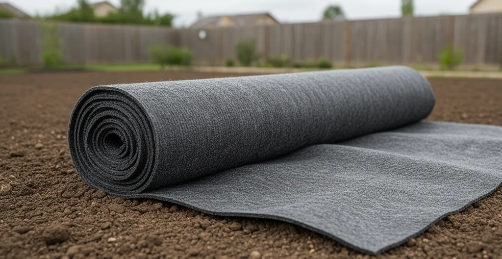 Rouleau de géotextile gris partiellement déroulé sur sol de jardin nivelé