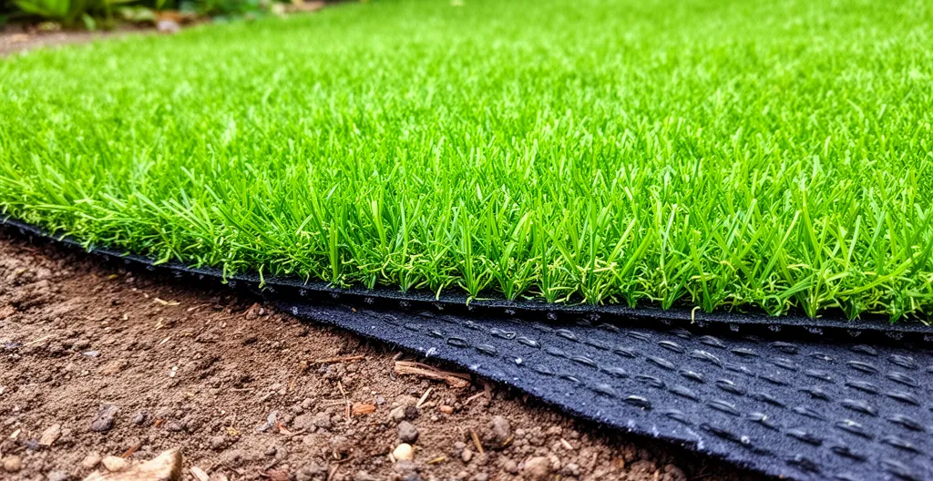 Bordure de gazon synthétique posé sur géotextile noir visible