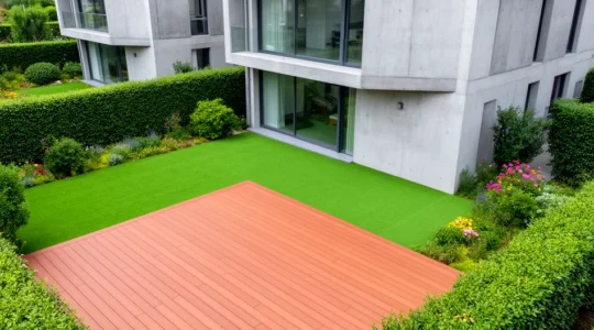 Jardin résidentiel avec terrasse bois composite et zone de gazon synthétique