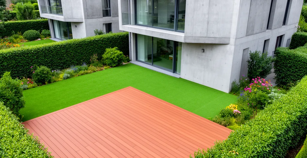 Jardin résidentiel avec terrasse bois composite et zone de gazon synthétique