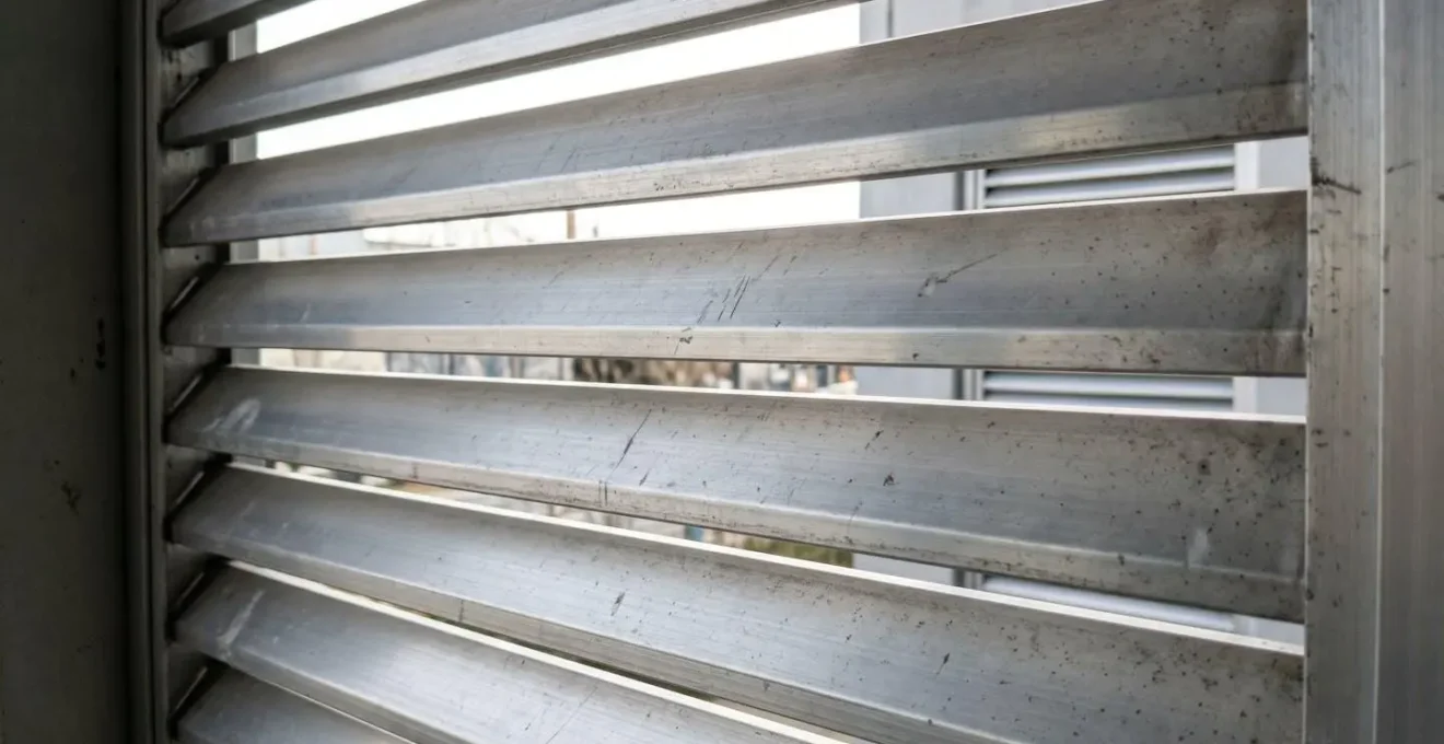 Gros plan sur des lames fixes en aluminium avec espacement visible entre les lamelles laissant passer la lumière naturelle