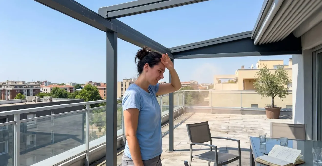 Personne vue de profil sous un auvent moderne en aluminium faisant un geste de gêne avec la main sur le front lors d'une journée ensoleillée