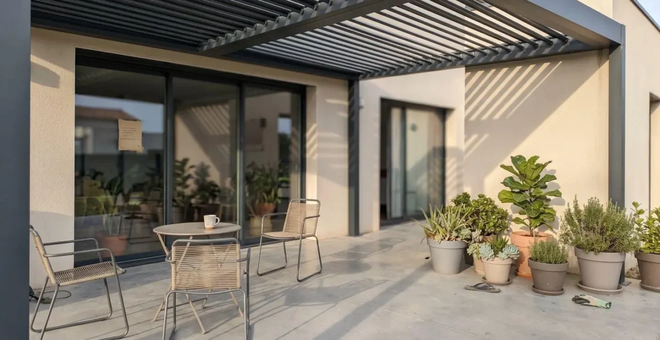 Terrasse contemporaine avec auvent en aluminium projetant des ombres géométriques sur le sol par une après-midi ensoleillée