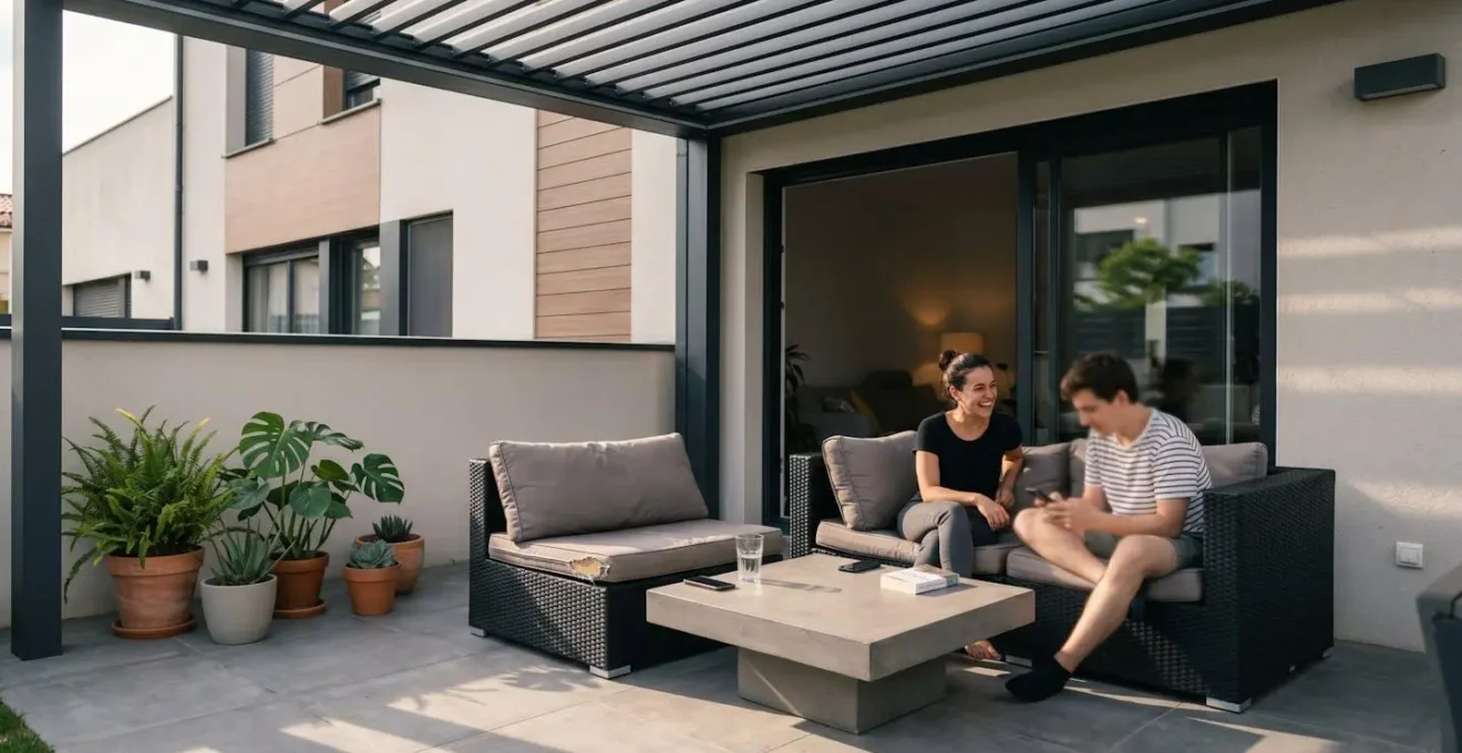 Terrasse contemporaine avec auvent en aluminium projetant des ombres géométriques sur le sol par une après-midi ensoleillée