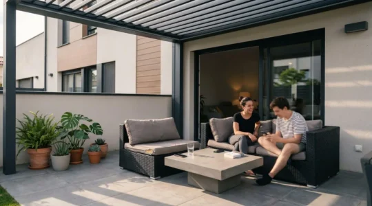 Terrasse contemporaine avec auvent en aluminium projetant des ombres géométriques sur le sol par une après-midi ensoleillée