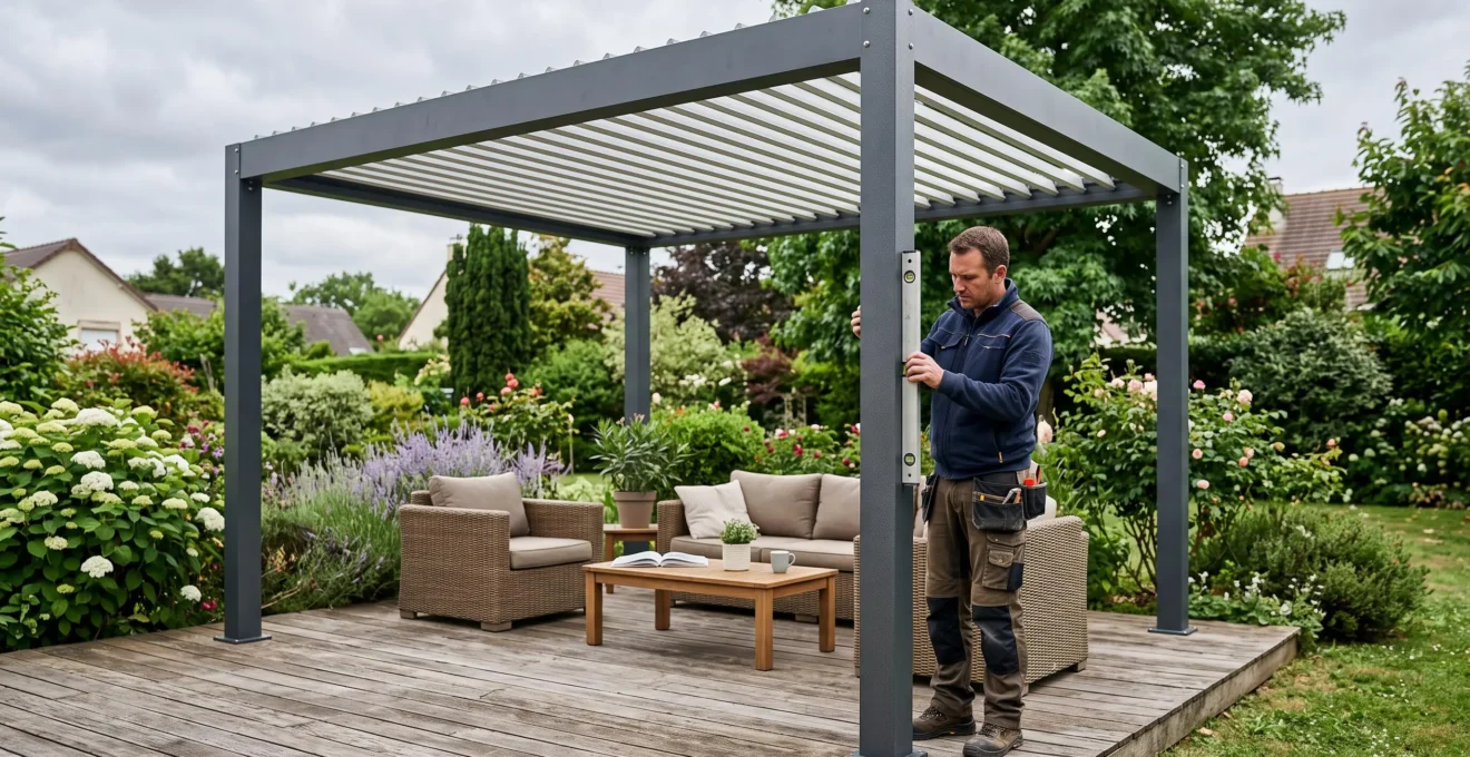 Un artisan vérifie l'alignement d'un poteau d'une pergola autoportée au niveau à bulle.