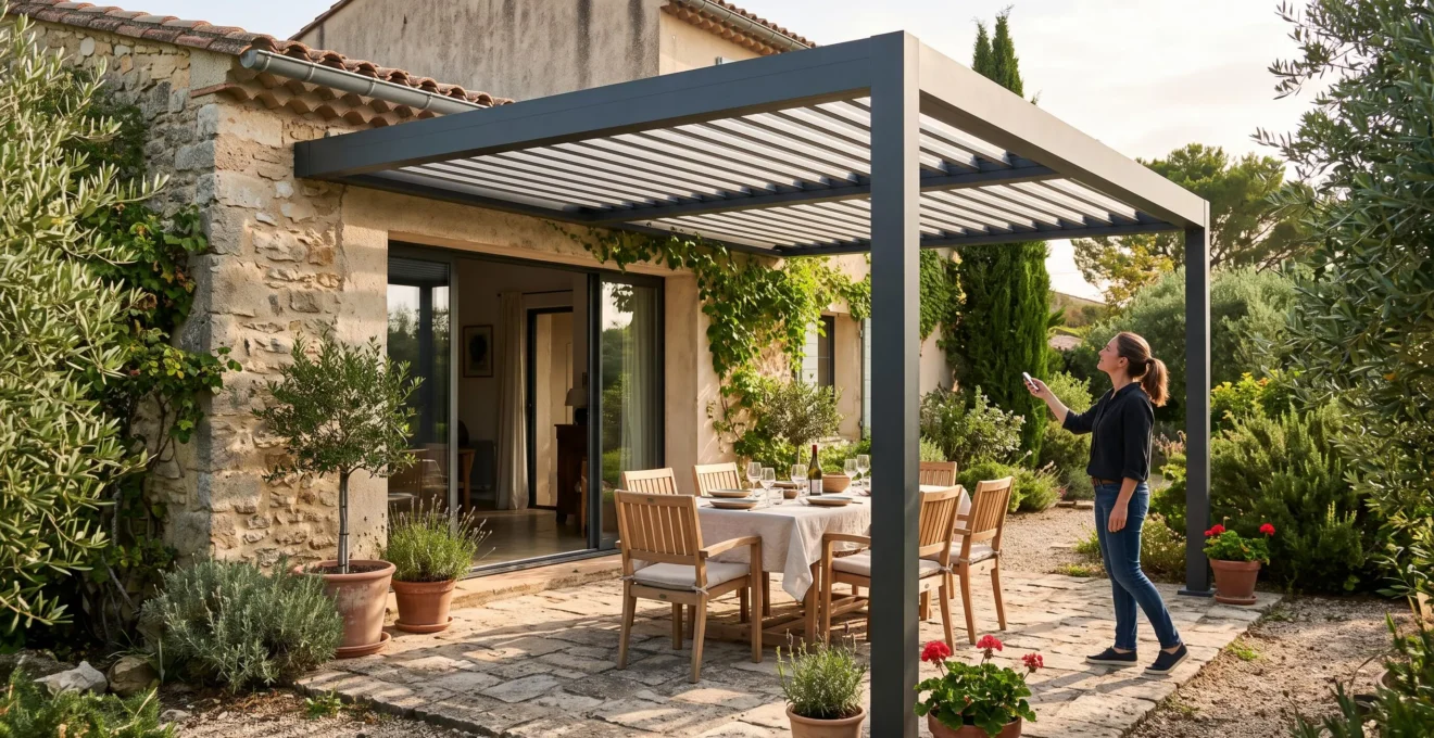 Une pergola bioclimatique adossée ombrage une terrasse pavée devant une maison contemporaine.