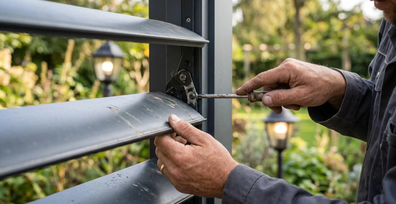 Les mains d'un installateur règlent une lame orientable de pergola avec un tournevis.